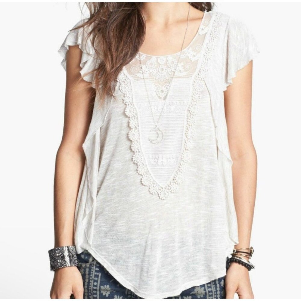 Free People Floral Lace Trim Frayed Tunic Top | Boho Retro Coquette Soft Girl M